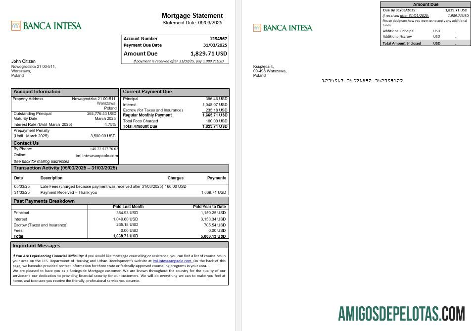 Declaração de hipoteca do Banca Intesa da Polônia em formatos Word e PDF amostra